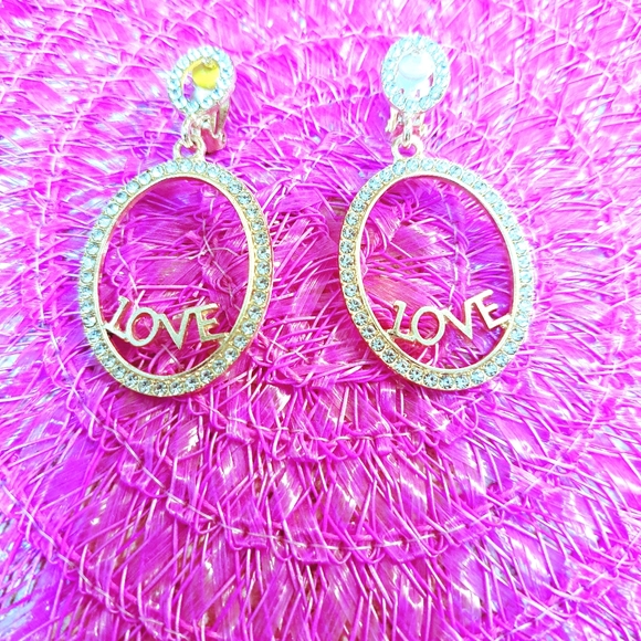 Women's Beautiful "LOVE" Insignia in White & Pink Gold Tone Rhinestone Earrings - Picture 6 of 10